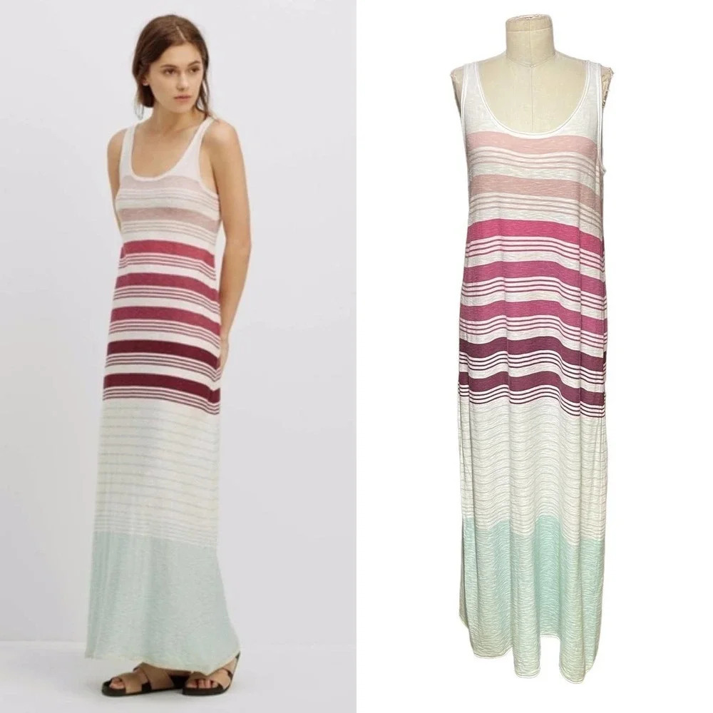 Vince Variegated Stripe Sleeveless Tank Maxi Dress White Size Large